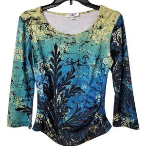 Paris 10 Blouse Womens Medium Long Sleeve Pleated Sides Round Neck Stretch Blend